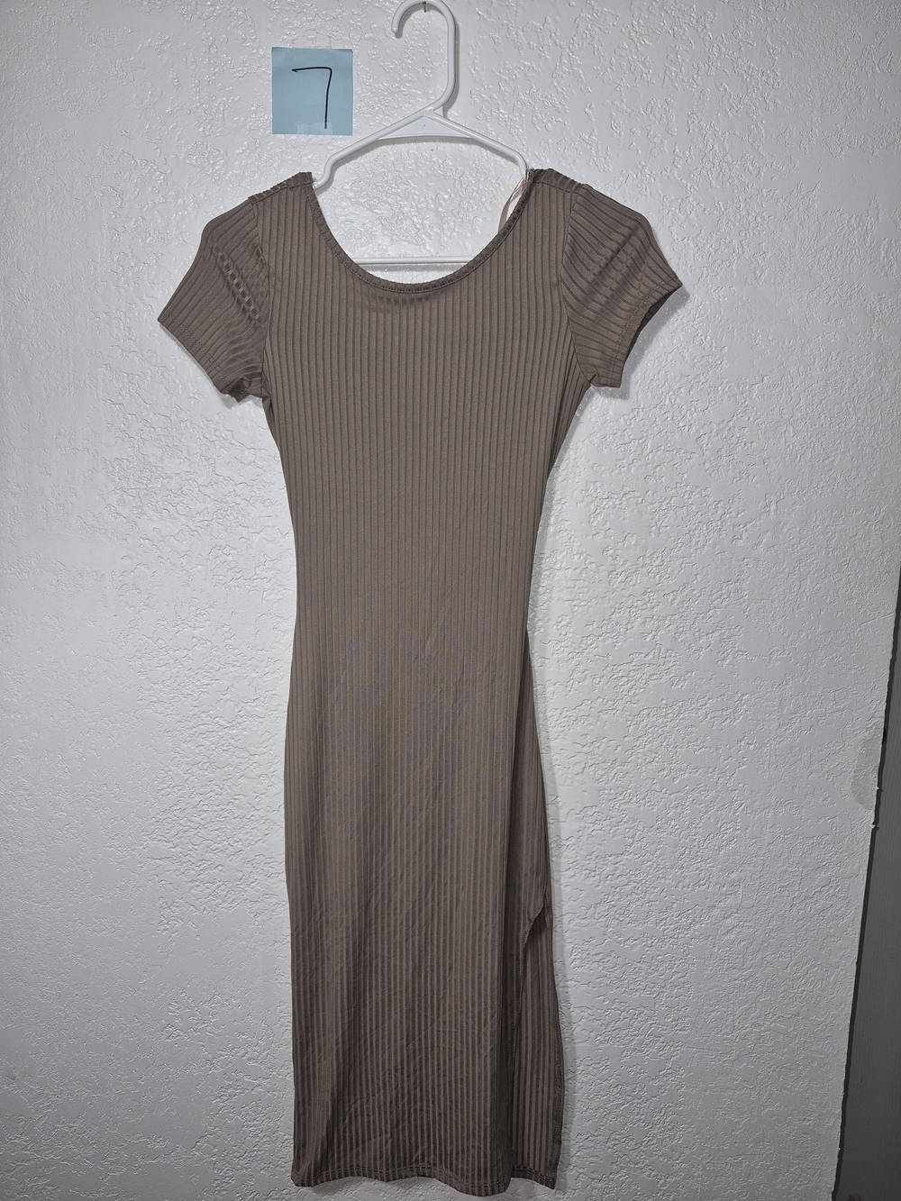 Ribbed Short-Sleeve Midi Dress in Taupe